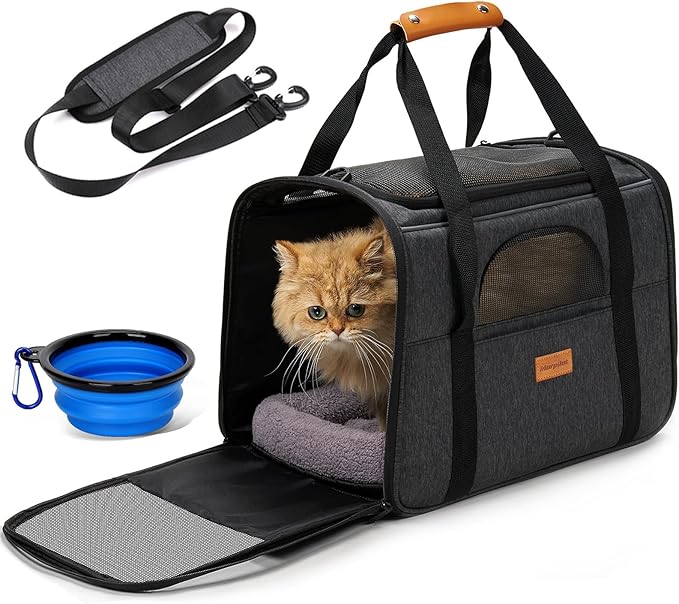 Morpilot Pet Carrier for Large Cats, Small Dogs & Puppies Up to 25lbs, Escape-Proof with Locking Zippers, Dual-Sided Cushion, Safety Buckle for Car & Vet Travel, Includes Foldable Bowl (Dark Gray)