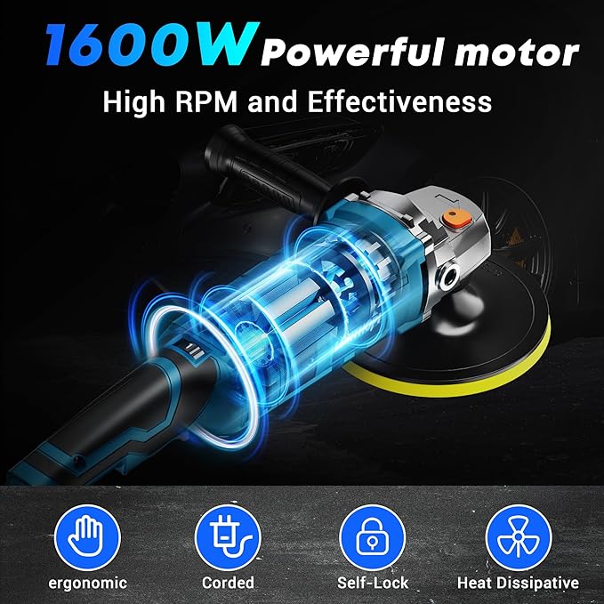 LDHTHOPI Buffer Polisher Kit for Car - 6/7 Inch Rotary 1600w Polisher Buffer Waxer,7 Variable Speed 1000-3500rpm,Detachable Handle Buffing Machine for Car, Boat Sanding, Polishing Waxing, Blue 3