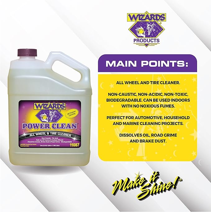Wizards Power Clean Wheel and Tire Cleaner - Non Caustic and No Acid Biodegradable Interior Cleaning Supplies - Safe on All Kinds of Wheels - Dissolves Grease, Brake Dust and Road Grime - 1 Gallon