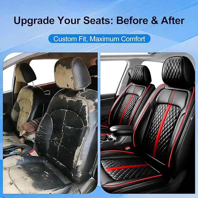 Fit Cruze Car Seat Covers for Select Chevrolet/Chevy Cruze 2011-2019 - Premium Full Coverage Leather, Airbag Compatible, Waterproof & All Weather Seat Cushion Protector, Full Set, Red Trim