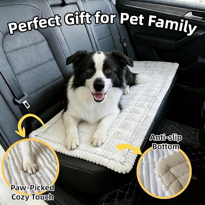 Dog Car Seat Cover, Pet Couch Covers for Car and Sofa, Non-Slip Backseat Pet Bed Mat, Machine Washable, Soft Plush Travel Seat Protector with Portable Storage Bag (White,23.6''×70'')