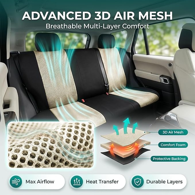 FH Group Automotive Full Car Seat Covers for SUV, Trucks, Sedan and More - Universal Fit Front High Back & Rear Solid Bench Design Interior Accessories - 3D Air Mesh Fabric Center Panel - Beige