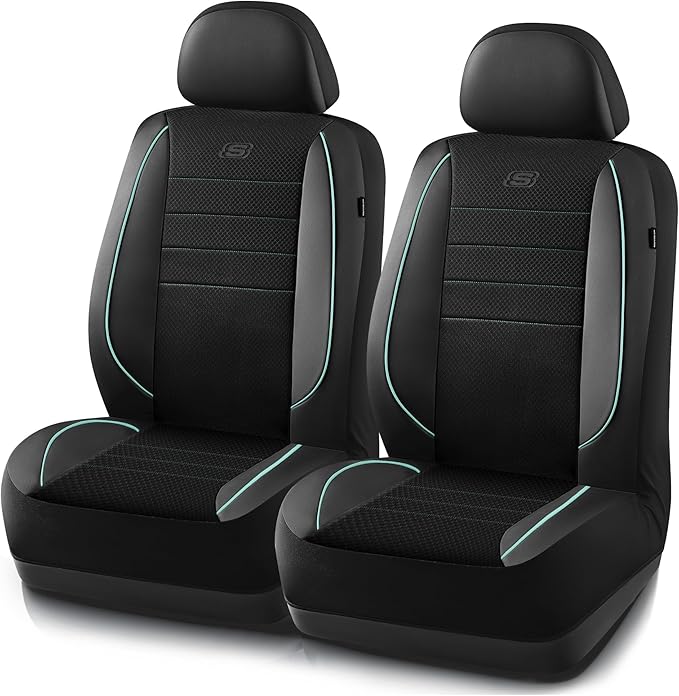 Skechers Air-Cooled Memory Foam Seat Covers,Mesh Thick Car Seat Covers,Piping Leather Car Seat Covers Front Seats,Airbag Compatible,Automotive Comfort for Most Cars,Vans,Trucks,SUV(Mint,Two Front)
