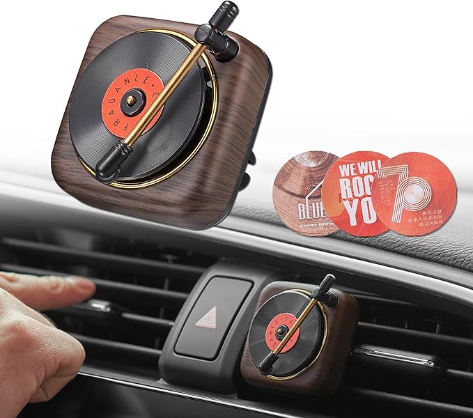 Record Player Car Vent Clips Air Freshener Retro Style Album Cover Car Air Conditioning Outlet Clip Fragrance Diffuser Car Interior Decoration Accessories, Wood Grain