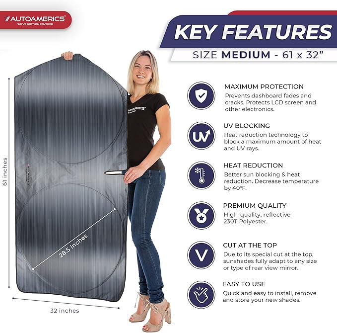 Autoamerics 1-Piece Windshield Sun Shade - Metallic Gray Foldable Car Front Window Sunshade for Most Cars SUV Truck Heat Blocker Visor Protector Blocks Max UV Rays and Keeps Your Vehicle Cool - Medium
