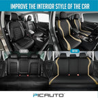 PIC AUTO Leather Car Seat Covers, Premium Automotive Waterproof Front & Rear Full Set Bucket Car Seat Protectors, Black and Beige PVC Patchwork, Fits for Cars, Trucks, Van, SUV, Airbag Compatible