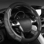 CAR PASS Leather Steering Wheel Cover and Waterproof Car Floor Mats,Microfiber Universal Car Combo Fit for 95% Sedan,SUV,Cars,14.5-15inch Sporty Anti-Slip Safety Comfortable Design(Carbon Fiber Black)