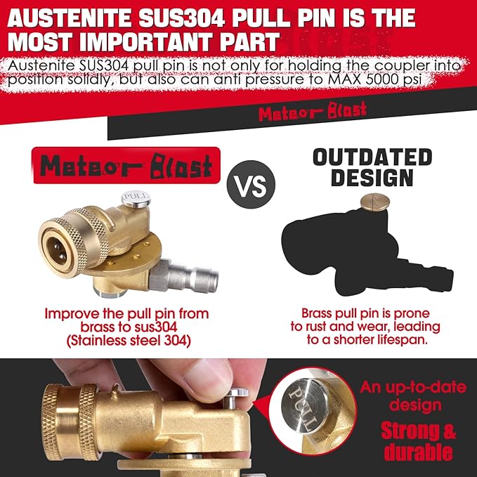 Meteor Blast Pivoting Coupler, 270 Degree with 7 Angles, heavy duty design and Stainless Steel Safety Lock for Pressure Washer Spray Nozzle, Clean Hard to Reach Area, 5000PSI, 1/4” Quick Connect