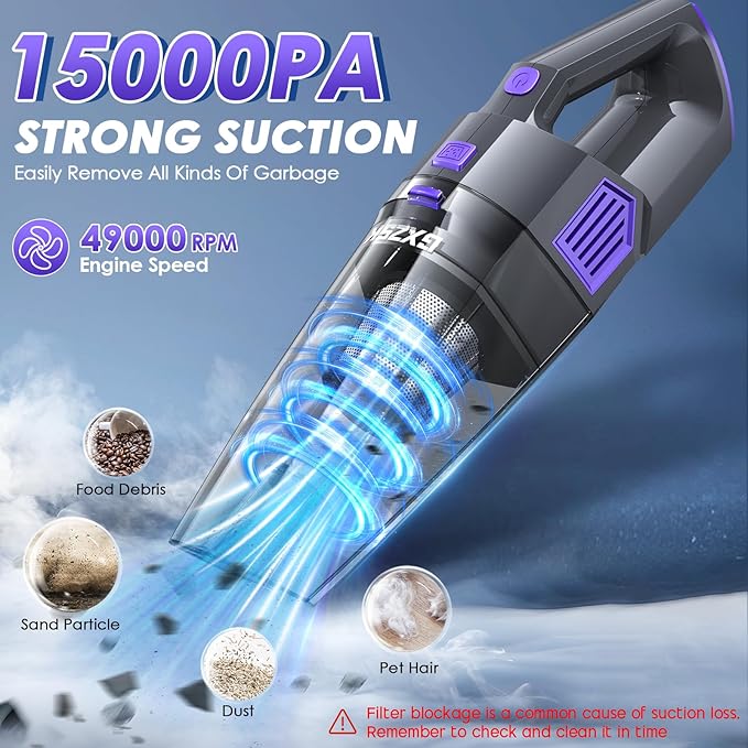 Handheld Vacuum Cordless, 15000PA Strong Suction Hand Held Car Vacuum Cleaner Rechargeable, Portable Hand Vacuum with Multi-Nozzles & Washable Filter for Home Office, Car, Pets