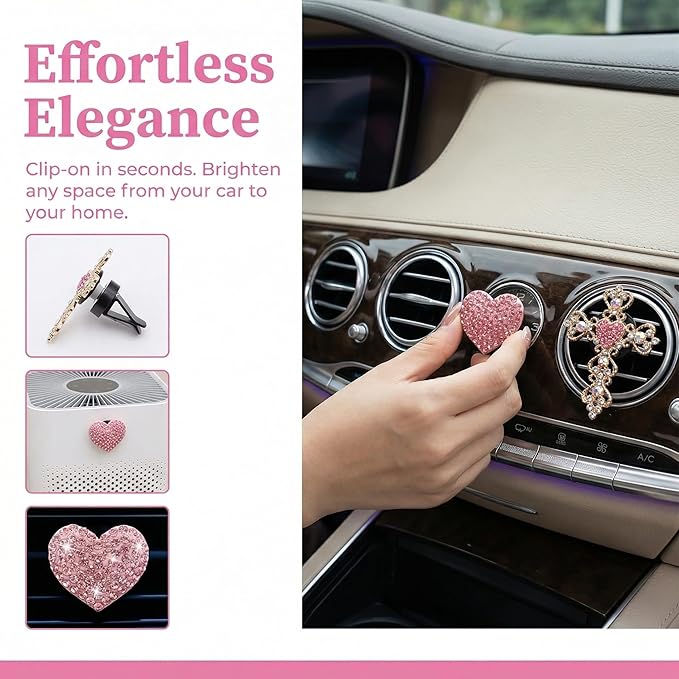 4Pcs Cute Car Vent Clips for Women Pink Bling Air Fresheners with Cross and Heart Y2K Luxury Car Accessories Couture Style Decorations Girly Clip Decor Freshener for Girls