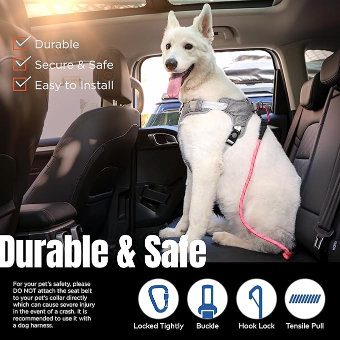 Dog Seat Belt for Car | Universal Dog Car Seatbelt | Durable Reflective Rope with Clip Hook Latch, Buckle and Carabiner- Safe and Secure Pet Safety Restraint (Pink)