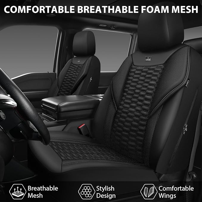 CAR PASS 3D Foam Mesh Leather Car Seat Covers Front Seats, Leather Mesh Front Seat Covers for Car,Breathable Universal Fit for SUV Truck Sedan Van Automotive, Armrest Airbag Compatible,Black