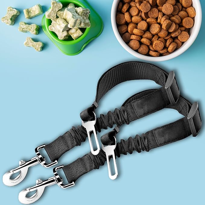 SunGrow Elastic Nylon Dog Seat Belt, 24” - 36”, Adjustable Black Harness, Elastic Tether with Metal Buckles, 2 Pcs per Pack