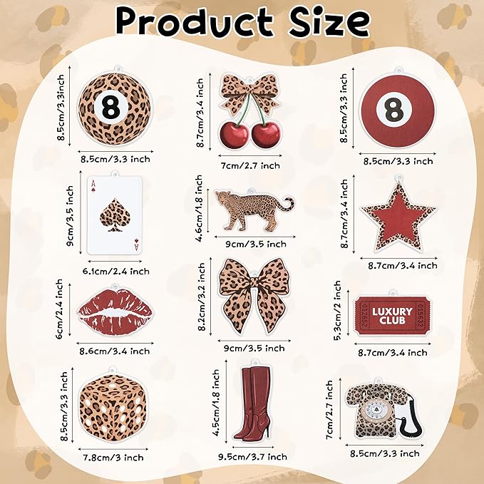 Trendy Red Leopard Car Air Fresheners - 12Pcs Retro Preppy Cheetah Lucky 8 Ball Stars Freshener Hanging Ornaments for Women, Interior Air Refresh Decoration for Car Mirror Birthday Gifts Home