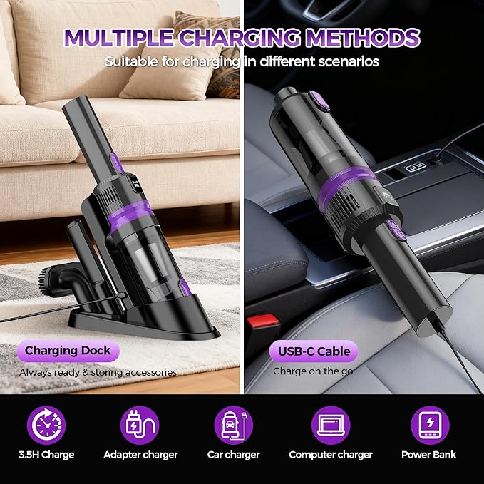 Handheld Vacuum Cordless Rechargeable 2-Speed Modes| 3-in-1 Portable Cordless Vacuum Cleaner with Charging Dock, for Car Home Office and Pet Hair (Purple)