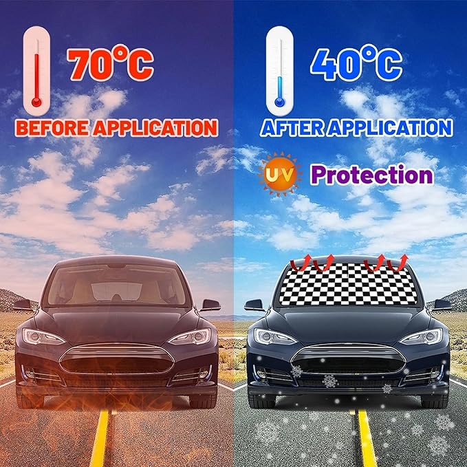 CHILL·TEK Funny Car Windshield Sun Shade Umbrella, Checkered Car Sun Shade Umbrella, Block UV Rays Heat Foldable Windshield Umbrella Sun Visor Protector - Keep Vehicle Cool for Cars SUV