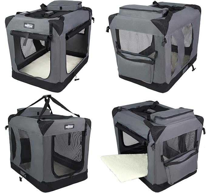 EliteField 3-Door Folding Soft Dog Crate with Carrying Bag and Fleece Bed (2 Year Warranty), Indoor & Outdoor Pet Home (42" L x 28" W x 32" H, Gray)