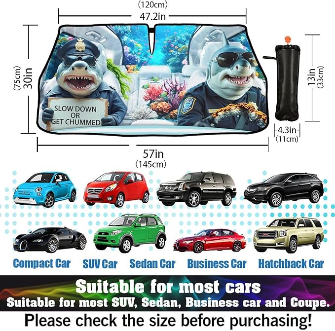 Socira Funny Sharks Car Windshield Sunshade Umbrella Foldable Umbrella Sun Shade Windshield Cover Sunshade Car Accessories Blocks Uv Rays Keeps Cool (57" X 30")