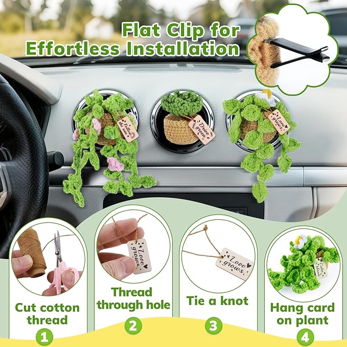 4 Pcs Crochet Plant Vent Clips for Car,Handmade Mini Plant Car Air Fresheners with Inspirational Cards,Succulent Sunflower Potted Plants Car Vent Clips Xmas Crochet Gift for Plants Lover with Gift Box
