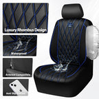 CAR PASS Piping Luxury PU Leather Two Front Car Seat Covers,Waterproof Anti- Slip Seat Covers Compatible with Front Seat Armrests,Universal Fit for Suvs,Vans,Trucks,Airbag Compatible(Black and Blue)