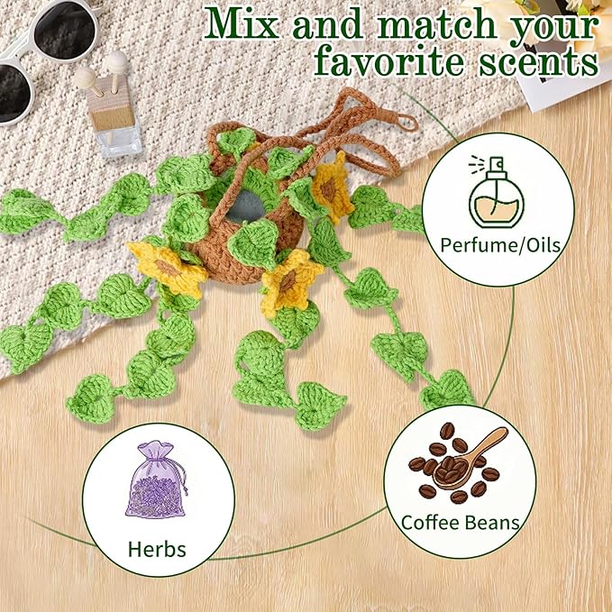 Crochet Car Air Freshener, Sunflower Car Rearview Mirror Diffuser with 8ml Refillable Essential Oil Bottle, Adjustable Strap Hanging Clamp, Crochet Hanging Plant for Car Home Office Decor