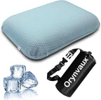 Cooling Camping Pillow, Memory Foam Travel Pillow with Adjustable Buckle Strap & Storage Bag, Compact Small Pillow for Airplane, Car Lumbar, Office, Washable Cooling Cover, Glacier Blue