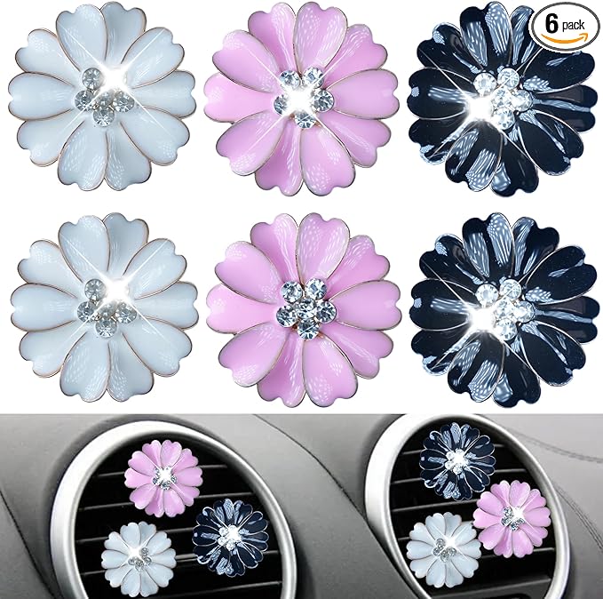 Bling Flower Air Freshener Vent Clips Car Accessories, 6Pcs Rhinestone Sparkly Air Vent Clips for Fresheners Car Decoration, Airs Freshener Vents Clip for Women Gifts