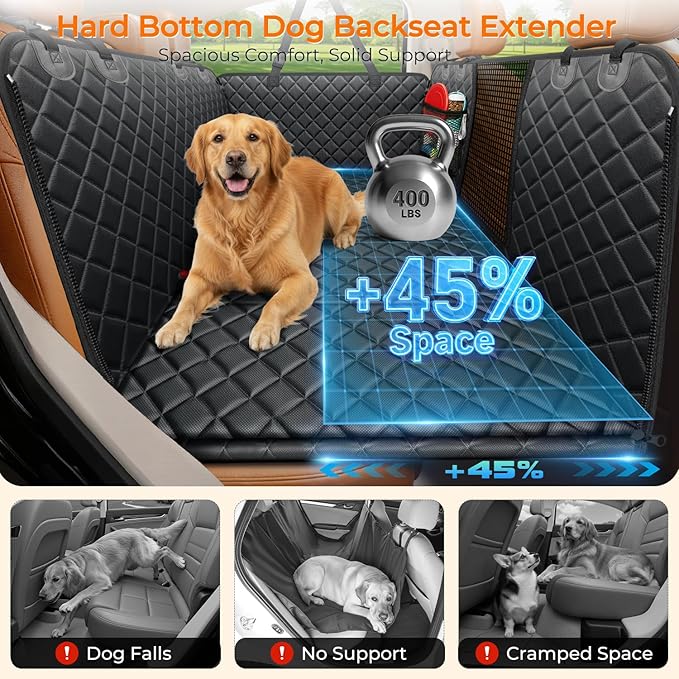 URPOWER Backseat Extender for Dogs - Hard Bottom Dog Car Seat Cover for Back Seat, Dog Hammock for Car and SUV, Pet Rear Seat Protector Dogs Travel Bed with Mesh Window & Side Flaps