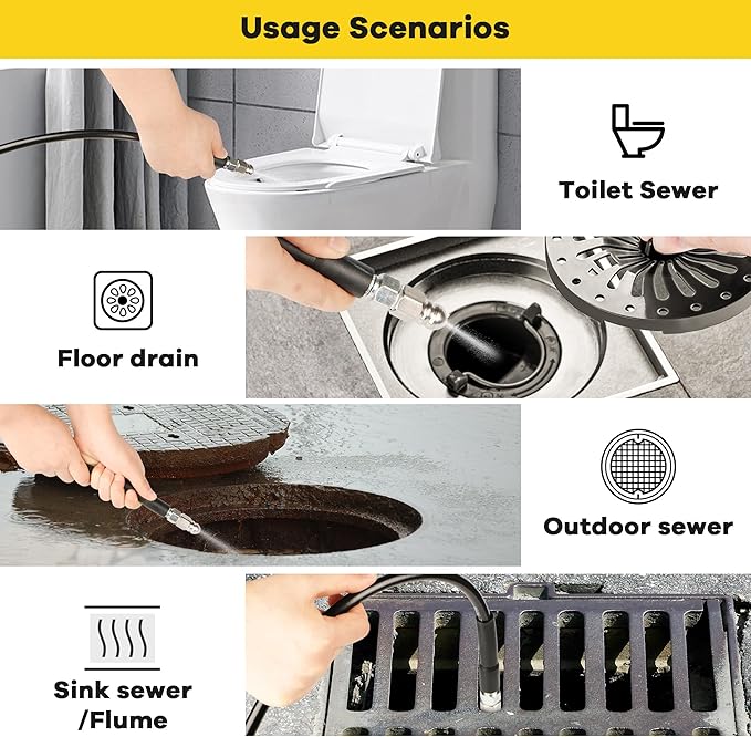 Pressure Washer Drain Jetter – Sewer Jetter Kit for Pressure Washer 50ft 1/4 Inch NPT Hose Nozzles and Adapter 5800PSI Clears Clogs in Pipes & Sewer Lines
