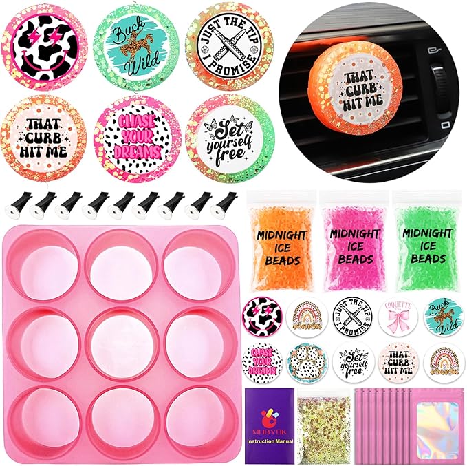 MUBYOK M538 Scented Car Vent Freshie Supplies Starter Kit,DIY 9 Car Air Fresheners with 250g Midnight Ice Aroma Beads,2 inch Circle Silicone Molds,Vent Clip,Glitter & CardStock