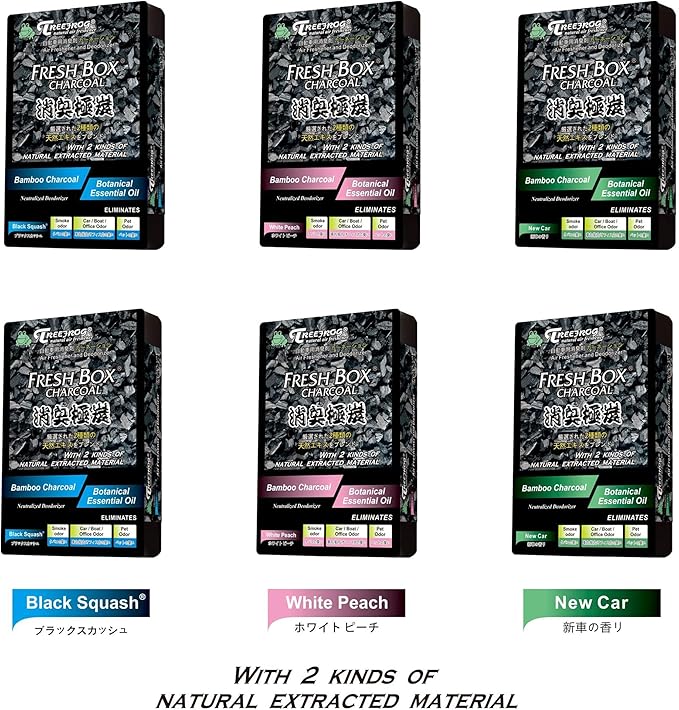 Tree frog Black Squash x2, New Car x2, White Peach x2, Charcoal Car Air freshener 6-pack Assorted, last long with Generously Large size content 200g.