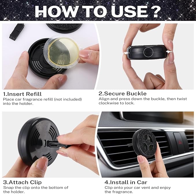 Car Fragrance Holder Compatible with Bath & Body Works Refills (Not Included), Air Freshener Vent Clip or Visor Clip, Refillable Scent Holder, Easy to Open Car Diffuser (Black,Diamond)