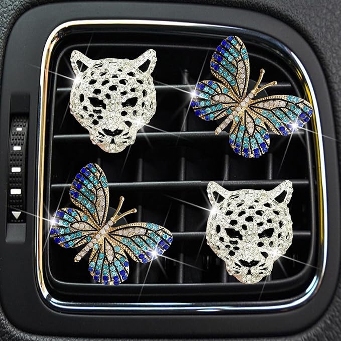 4 Pcs Blue Butterfly and Silver Leopard Head Air Vent Clip Accessories Air Conditioning Outlet Clip Car Air Freshener Dashboard Accessories Charm Car Inter Decor Cute Interior Accessories for Women