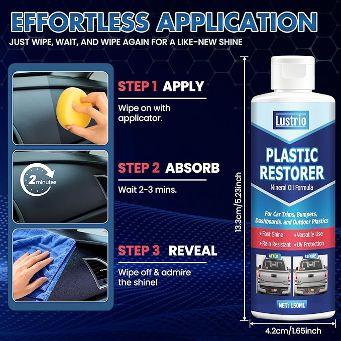 Plastic Trim Restorer – Long Lasting UV Protection Restores Like New, Prevents Fading & Cracking – Easy Application with Applicator for Car Interior & Exterior Bumpers, Vinyl, Rubber – 5oz/150ml