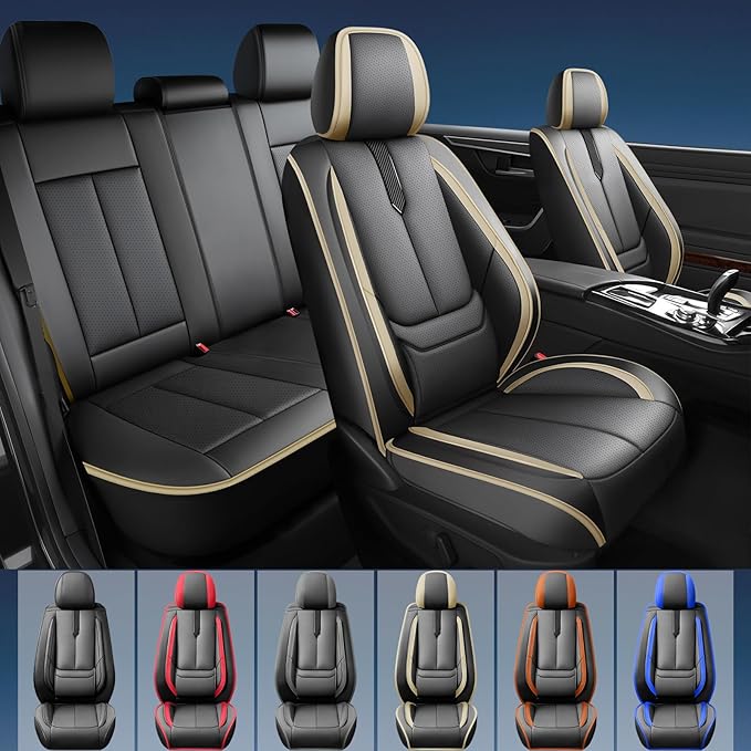 Fit Palisade Car Seat Covers for Hyundai Palisade 2000-2025 2026 -Upgraded Premium Waterproof & Breathable Leather,Airbag Compatible,All-Weather Seat Cushion Protector,2 Front/Black-Beige