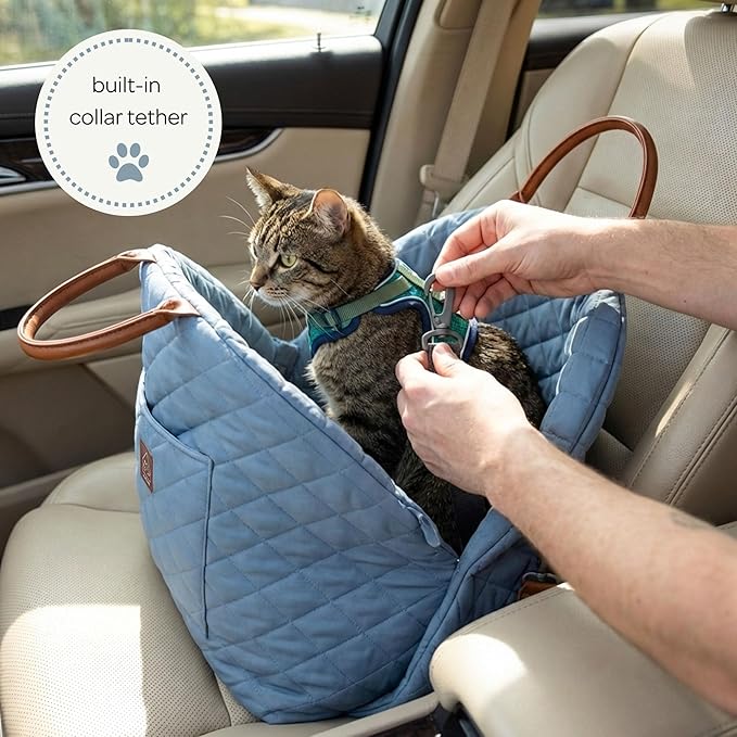4 Cats & Dogs Mew Mew Travel Pet Bed – Soft Carrier for Small Dogs & Cats, Water-Resistant Quilted Shell, Adjustable Belts for Car Travel, Anti-Slip Bottom, Portable Pet Bed & Travel Bag - Blue Steel