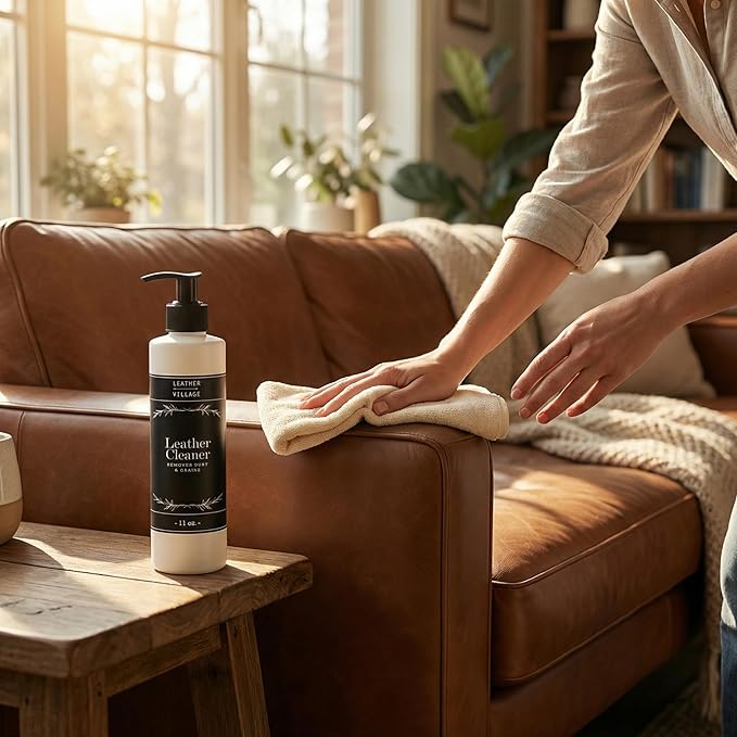 LEATHER VILLAGE Leather Cleaner and Conditioner for Car Seats, Furniture & Couch 2-in-1 Leather Care Kit with Wipe Cloth – Non-Toxic Stain Remover & Protectant for Shoes, Purse, Jacket, Bag | 11 oz