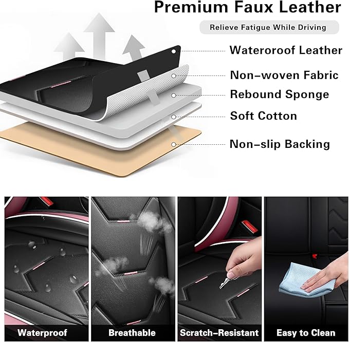 otoez Car Seat Covers Full Set, 5 Seat Pink Leather Seat Cover for Car, Waterproof Automotive Front and Back Seat Protectors for Most Sedens Trucks SUVs, Black & Pink