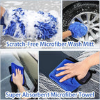 Wontolf 62'' Car Wash Brush with Long Handle, Scratch-Free Soft Bristles Sturdy Car Wash Mop Kit, Complete Car Cleaning Brush Kit Wash Mitt Towel Windshield Squeegee Wheel Tire Brush for Car Truck RV