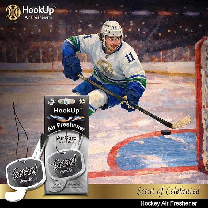 Hockey Car Air Freshener by HookUp - 25 Pack - Black Gold Scent (Extra Strong) | Unique Hockey Gift for Players, Coach, Fans | Hanging Car Accessory with Long Lasting Fresheners Smell