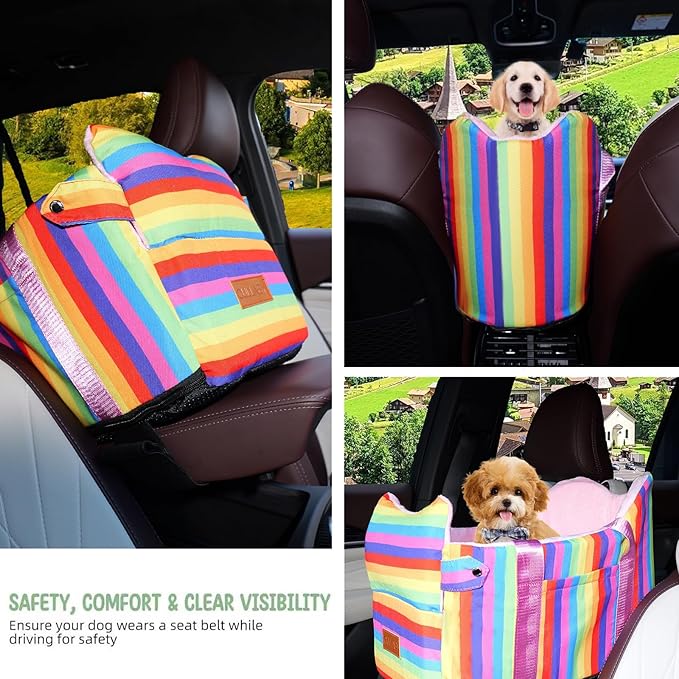 Cullaby Console Dog Car Seat for Small Dogs - Anti-Collapse Center Console Armrest Booster Seat, Sturdy Pet Travel Seat with Safety Tether, Cozy Washable Cushion, Puppy Up to 15lbs (Colorful Stripes)