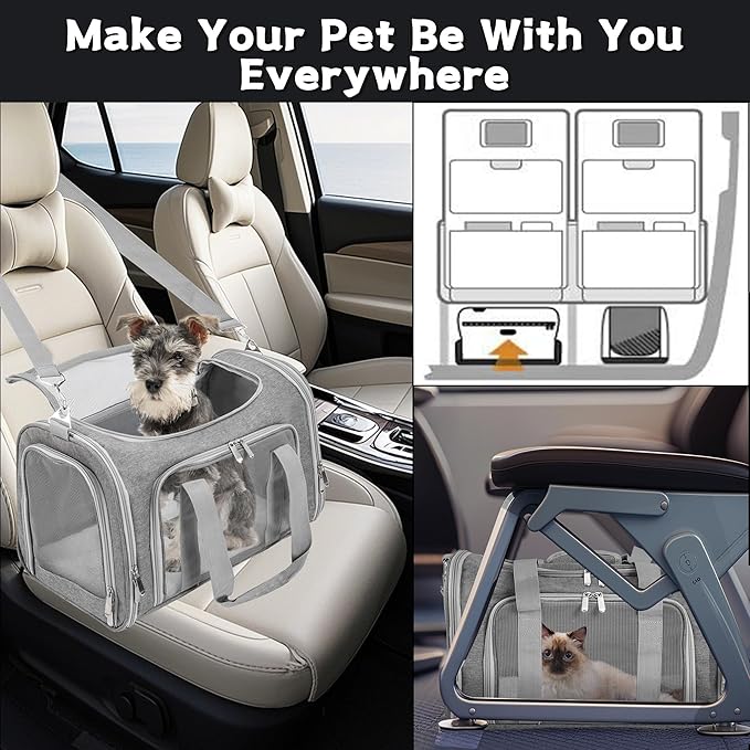 Soft-Sided Cat/Dog/Pet Carrier, Collapsible Pets Travel Carriers for Big Cats/Small Dogs with Shoulder Strap & Removable Mat, Mesh Puppy Carry Bag, Up to 25 Lbs(Gray)