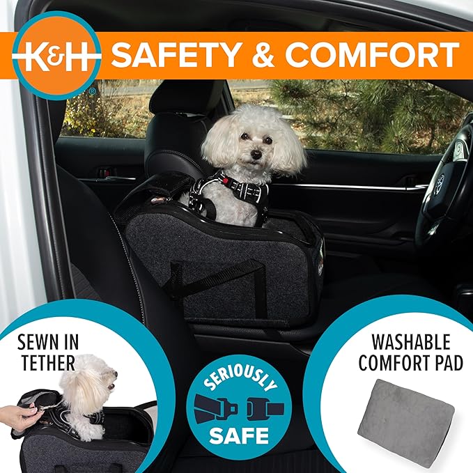K&H Pet Products Center Console Dog Car Seat for Small Dogs & Cats, Secure Armrest Booster Pet Carrier with Safety Tether, Zippered Enclosure, 2 Pockets, Washable Plush Pad, for Pets Under 8 lbs.