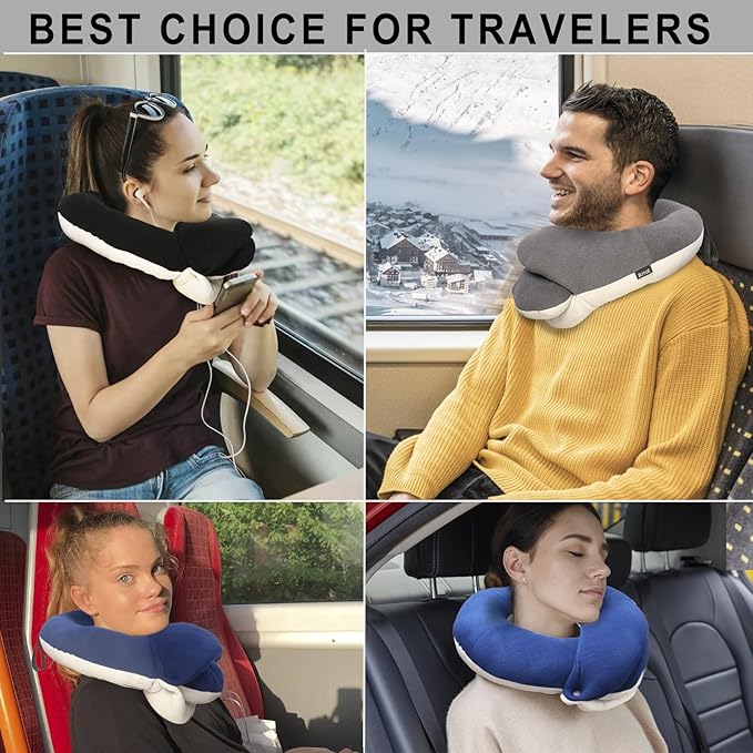 BUYUE Travel Neck Pillows for Airplanes, 360° Head Support Sleep for Long Flight, Skin-Friendly & Breathable, Kit with 3D Contoured Eye Mask, Earplugs and Storage Bag (Adult, Orange, 90+ lbs)