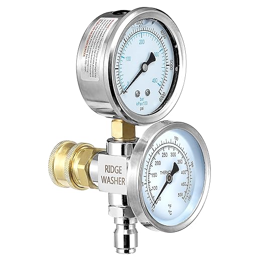 RIDGE WASHER 2-in-1 Pressure Washer Gauge, Stainless Steel Power Washer Gauge Temperature Gauges, 3/8 Inch Quick Connect, 6000 PSI