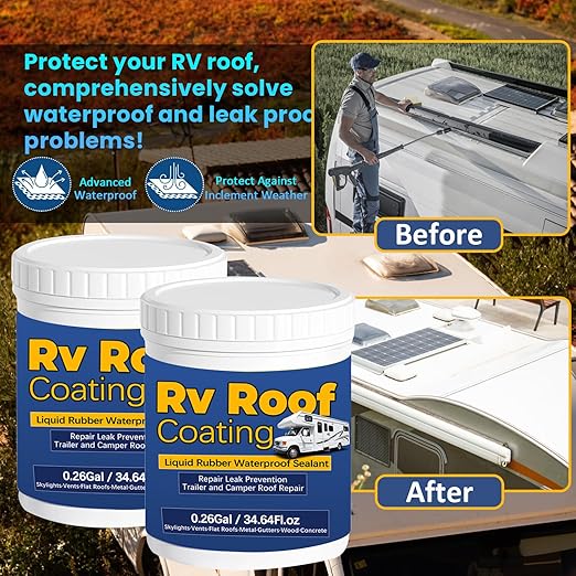 0.52Gal/69.28Fl.oz Liquid Rubber Rv Roof Coating White Waterproof Sealant Camper Roof Repair Solar Reflective Wooden Brush Putty Knife Nitrile Gloves Paint Roller Drywall Repair Tape