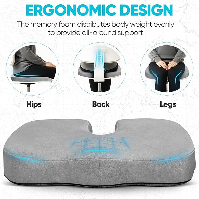 FORTEM Seat Cushion, Office Chair Cushion, Desk Chair Memory Foam, Sciatica Coccyx Tailbone Pain Relief, Pressure Relief, Sitting Pad, for Long Gaming & Sitting, Washable Cover, Non Slip