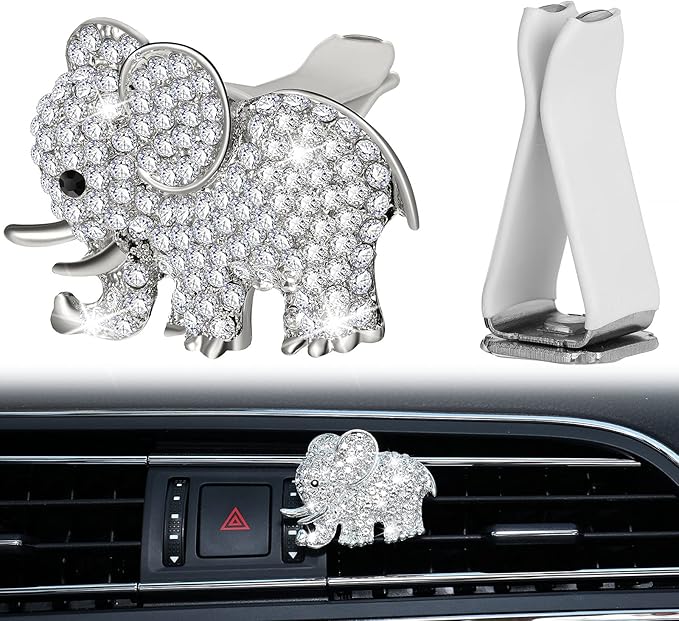 Frienda Bling Car Accessories Rhinestone Elephant Freshener Car Decor for Women Bling Diamond Vent Clip Air Rhinestone Outlet Vent Interior Decoration(Silver)