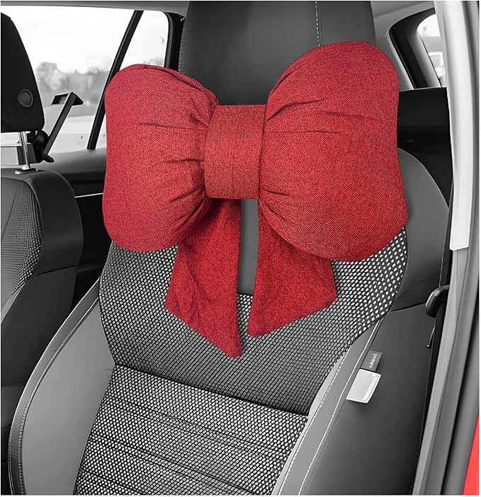 Bow Car Headrest Pillow, Breathable Ergonomic Auto Neck Cushion with Adjustable Strap, Comfy Vehicle Neck Support Pillow Cute Bow Girl-Style Decoration for Driving Seats (Red)
