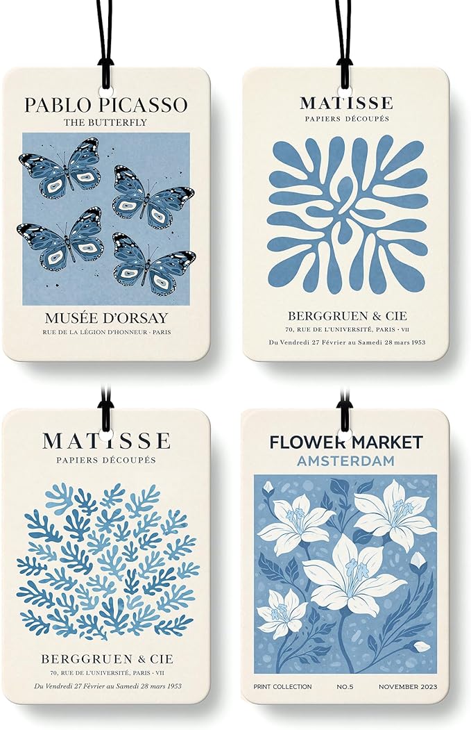 Blue Butterfly Floral Beach Air Freshener 4 Pcs, Coastal Ocean Seagrass Floral Hanging Air Freshener for Cars Closet Drawer Books, Blue Flower Car Accessories Mirror Decor for Women